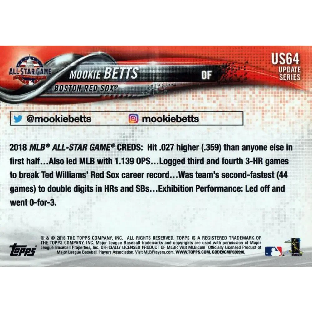 2018 Topps Update Mookie Betts ASG #US64 Boston Red Sox